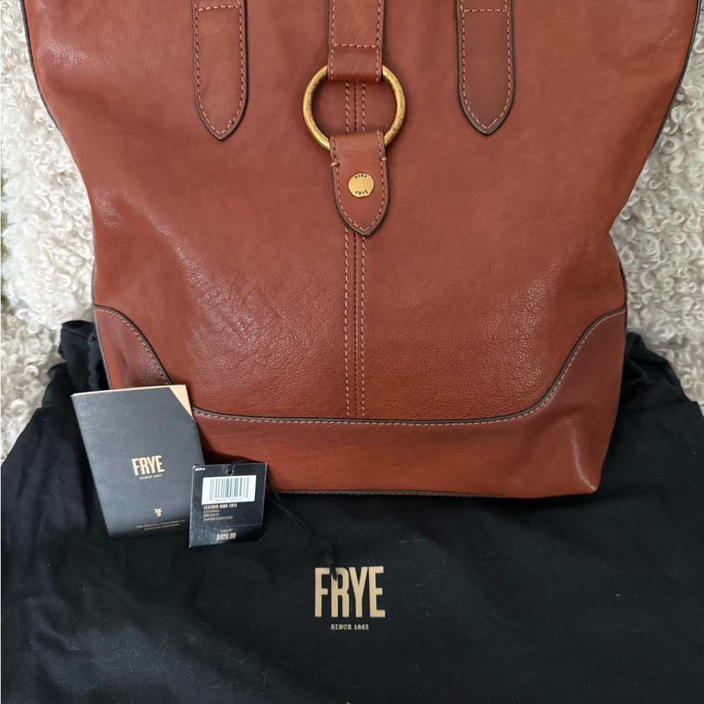 Frye Cognac Leather Tote | Brass Ring Detail | $428 Retail | Dust Bag + Tags